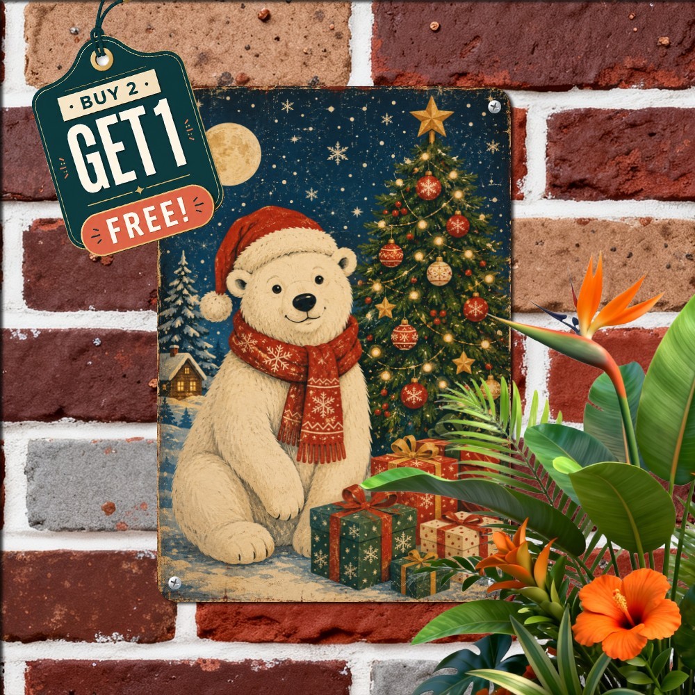 Polar Bear Winter Christmas Metal Sign Holiday Pine Tree Tin Wall Plaque