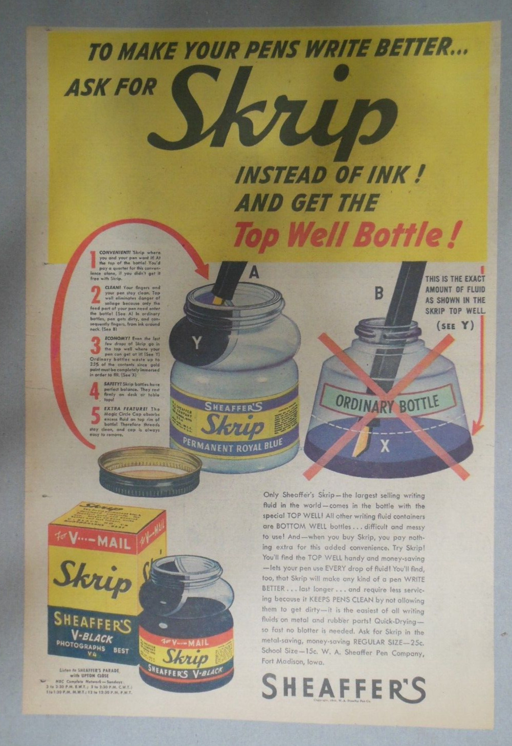 Sheaffer's Skrip Ink Ad: Free Top Well  from 1944 Size: 11 x 15 inches