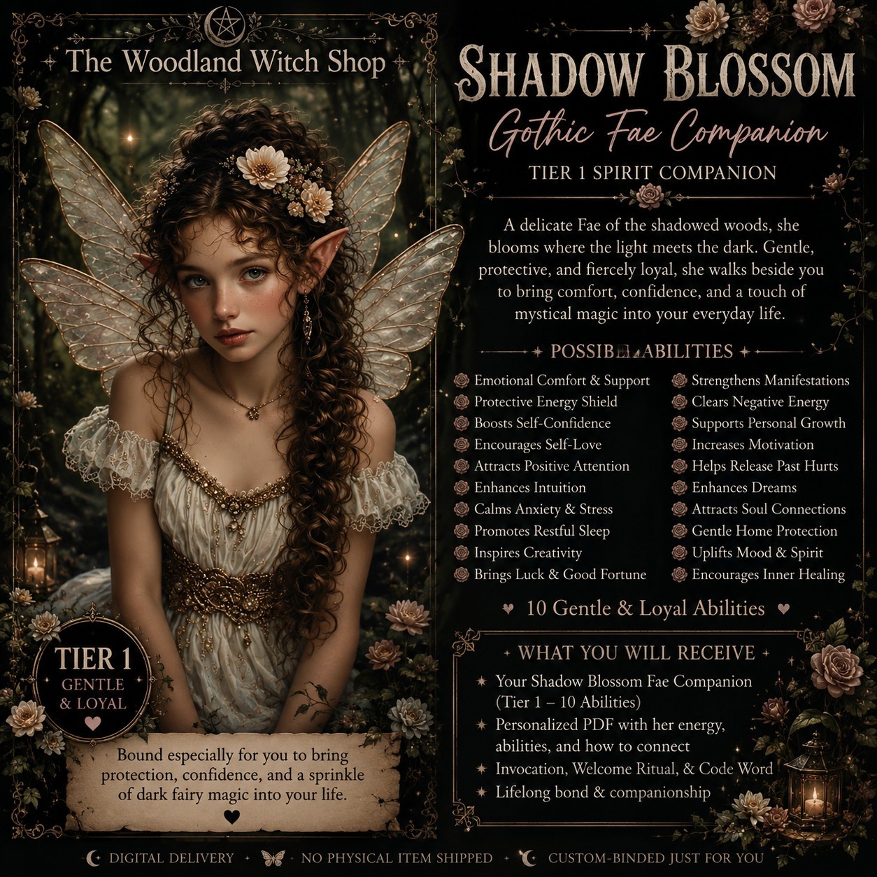 Shadow Blossom • Tier 1 Gothic Fae Spirit Companion • Gentle Dark Fairy