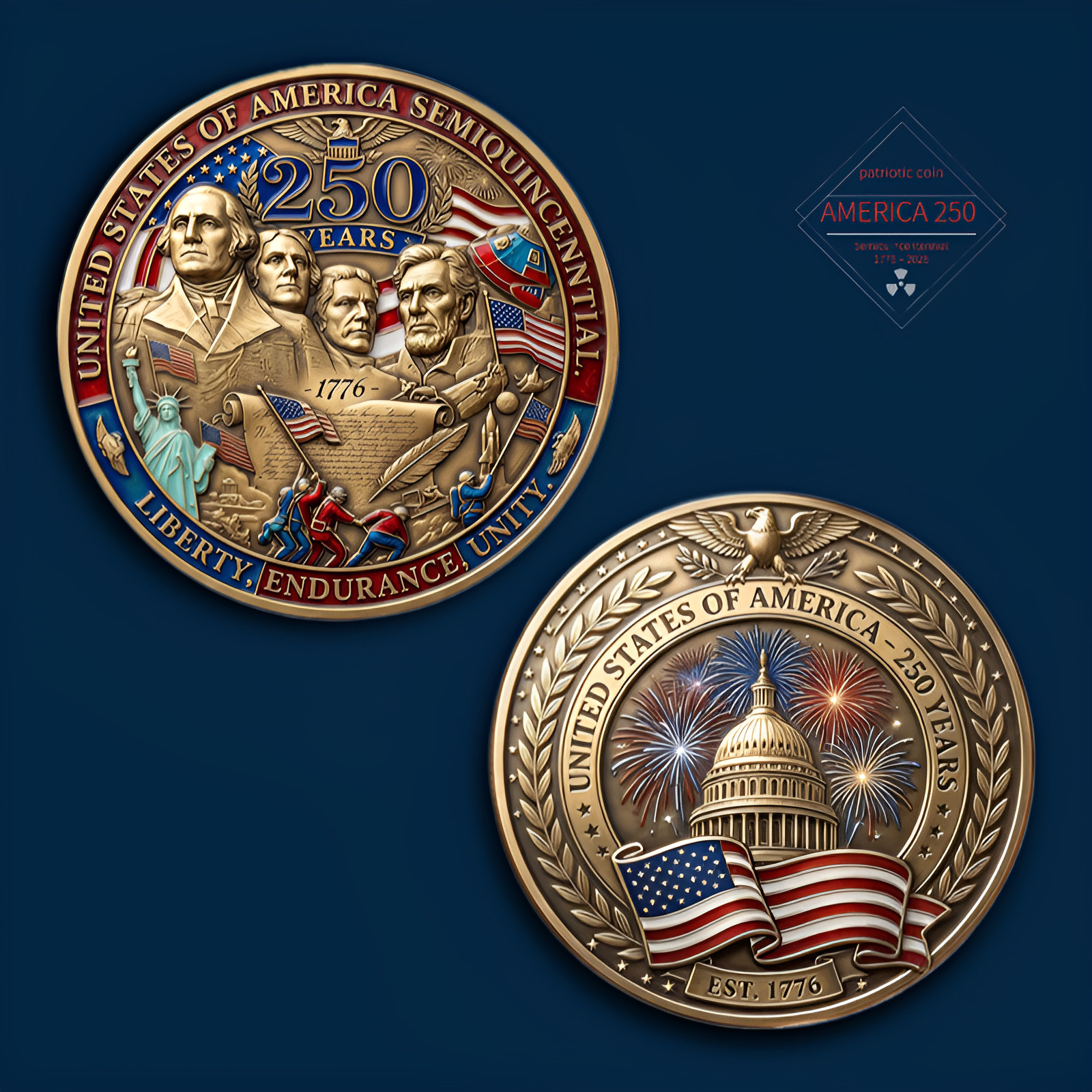 1776 USA 250 Years Semiquincentennial Commemorative Challenge Coin US Capitol