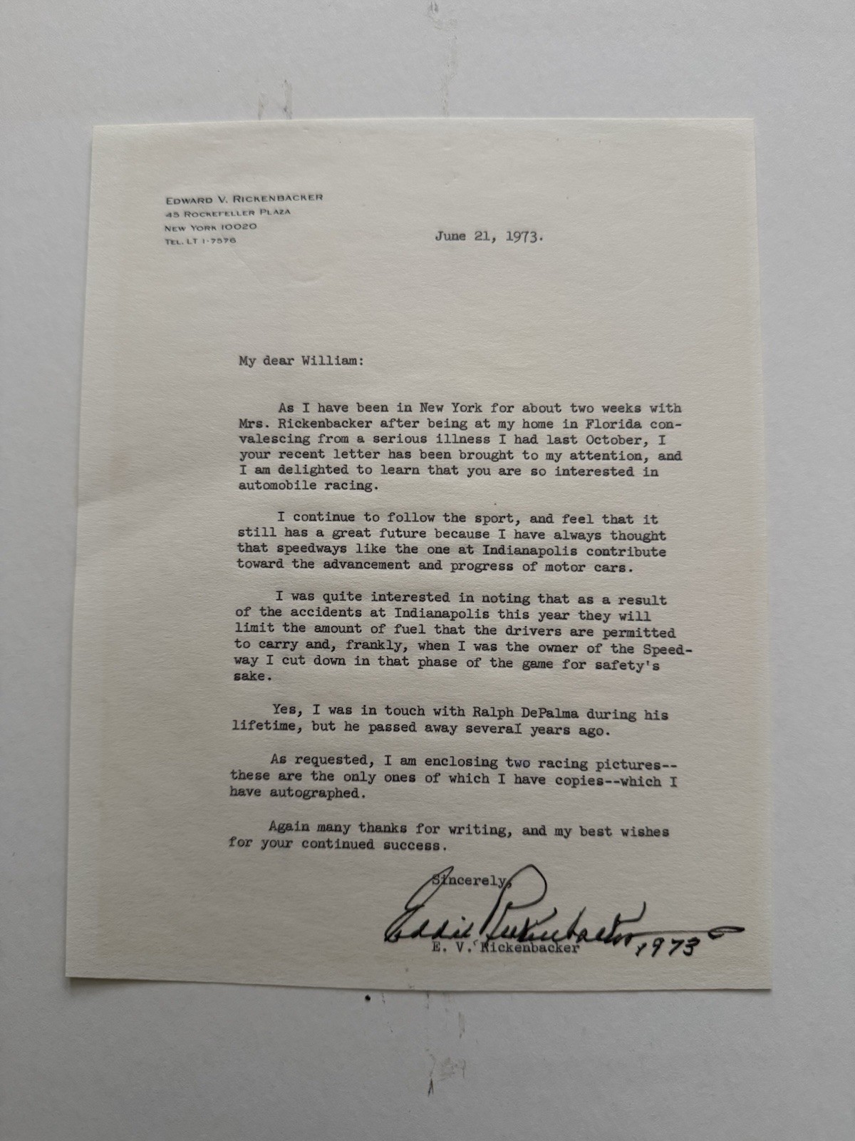 Eddie Rickenbacker Signed Letter Mention Of Indianapolis Speedway