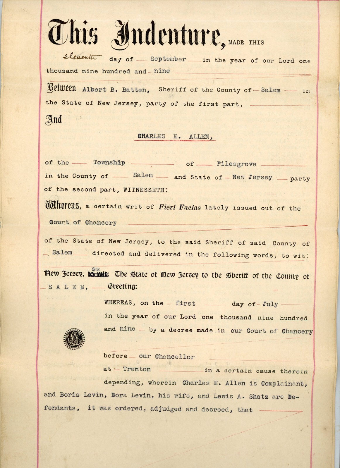 1909 Salem County, NJ Sheriff\'s Deed Albert B Batten Historic Court Chancery
