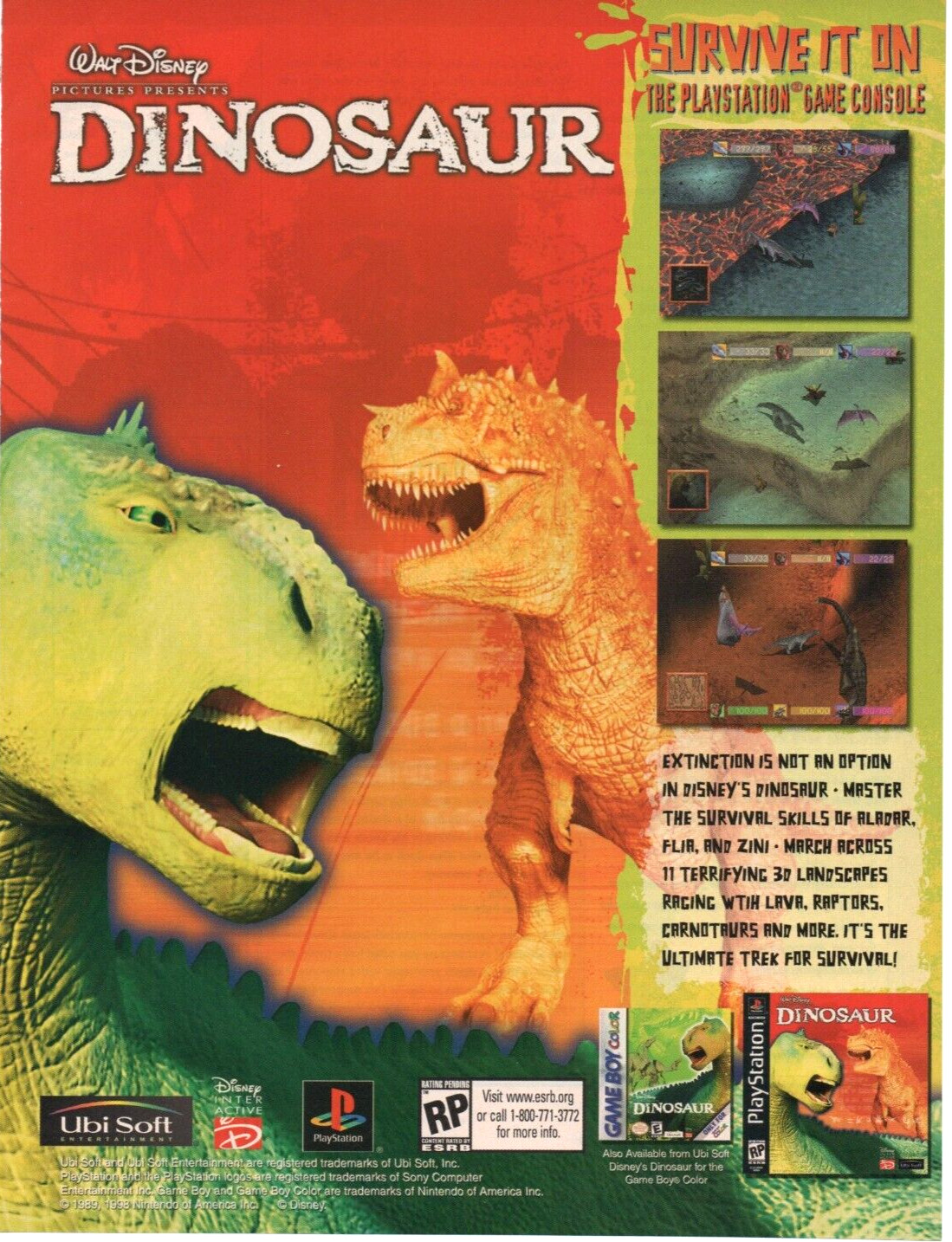 2000 Video Game Promo PRINT AD ART - WALT DISNEY DINOSAUR - GBC Playstation PS1
