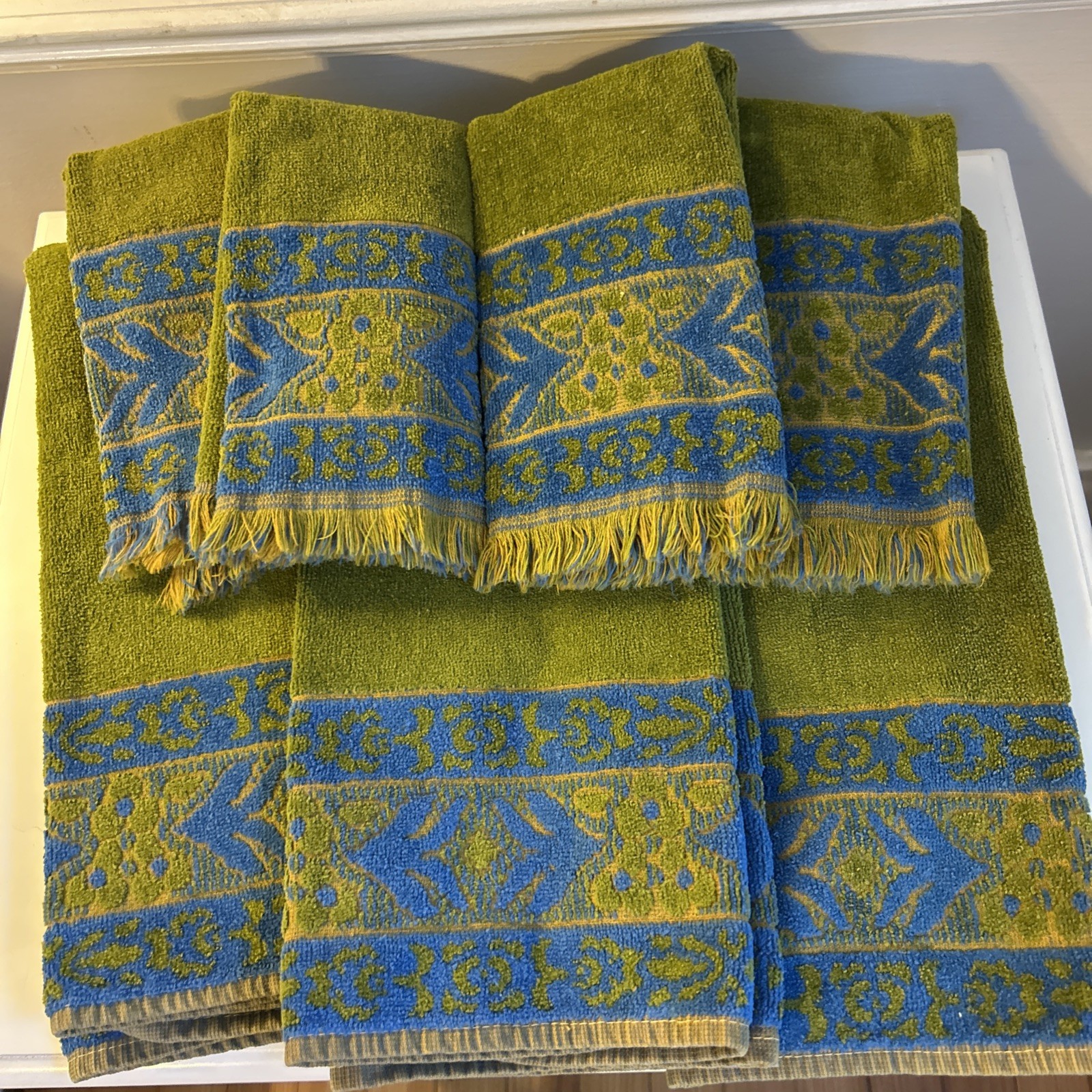 Vtg Stevens Utica Floral Towel Set 3 Bath 4 Hand Fringe Green Blue Cotton MCM