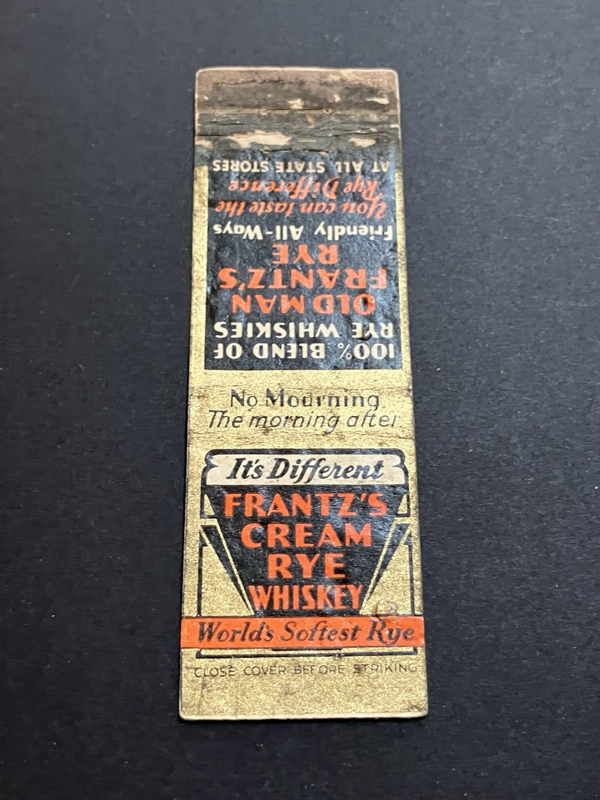 Vintage Matchbook “Frantz’s Cream Rye Whiskey - Worlds Softest Ale”