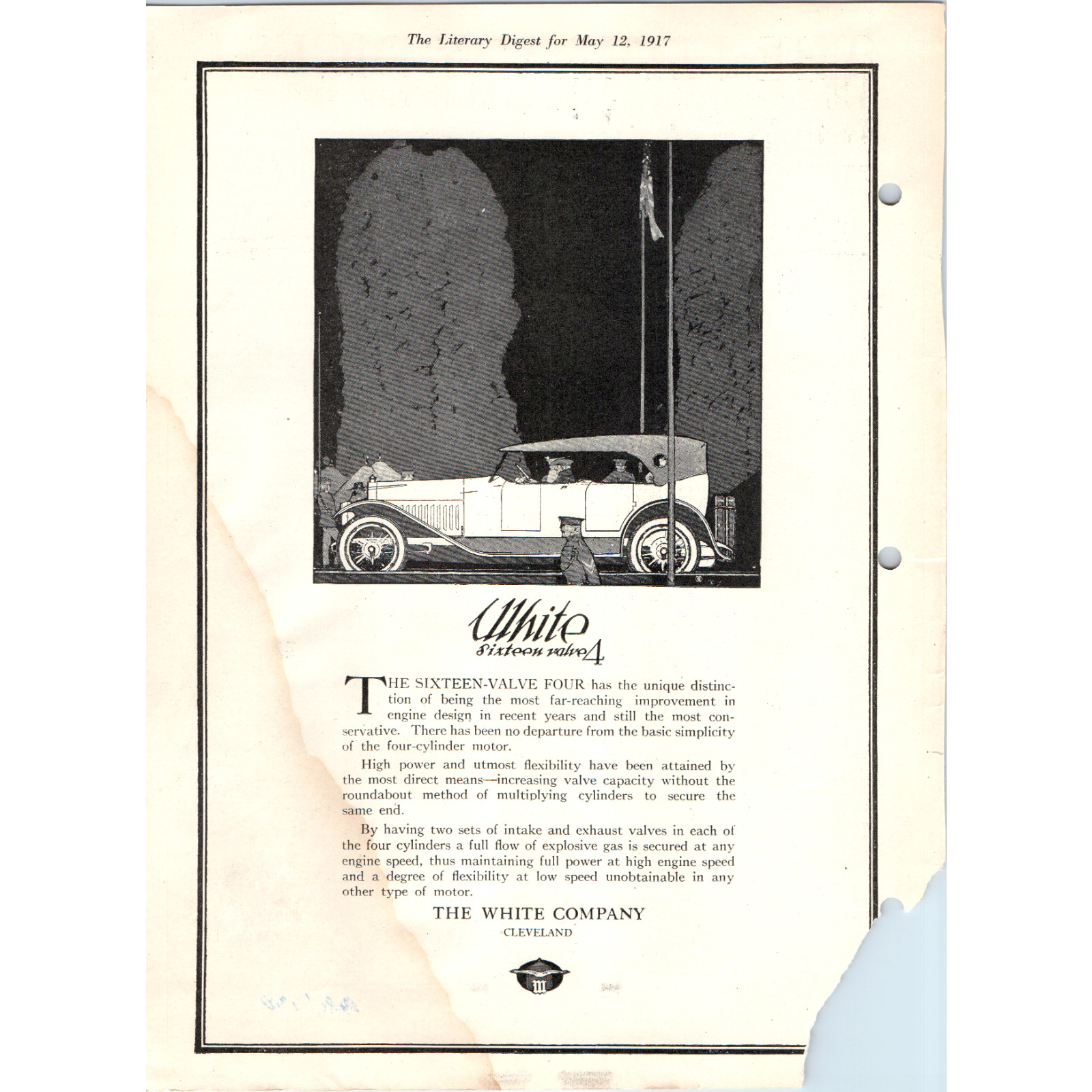 1917 White Sixteen-Valve Four Motor Car Cleveland Print Ad Stained Water Damage