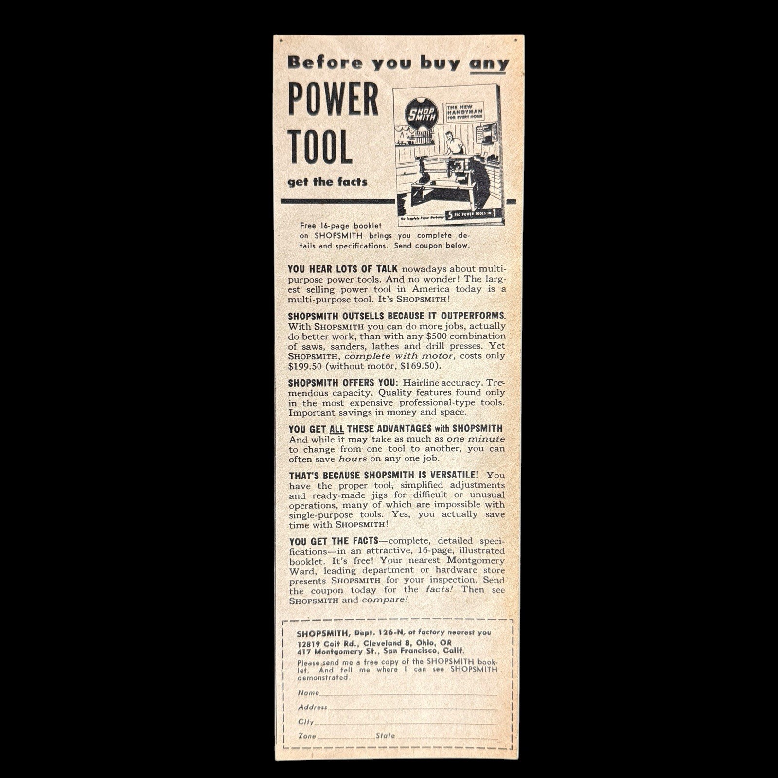 Vintage July 1950 Shopsmith Power Tool Woodworking Ad Cleveland #497