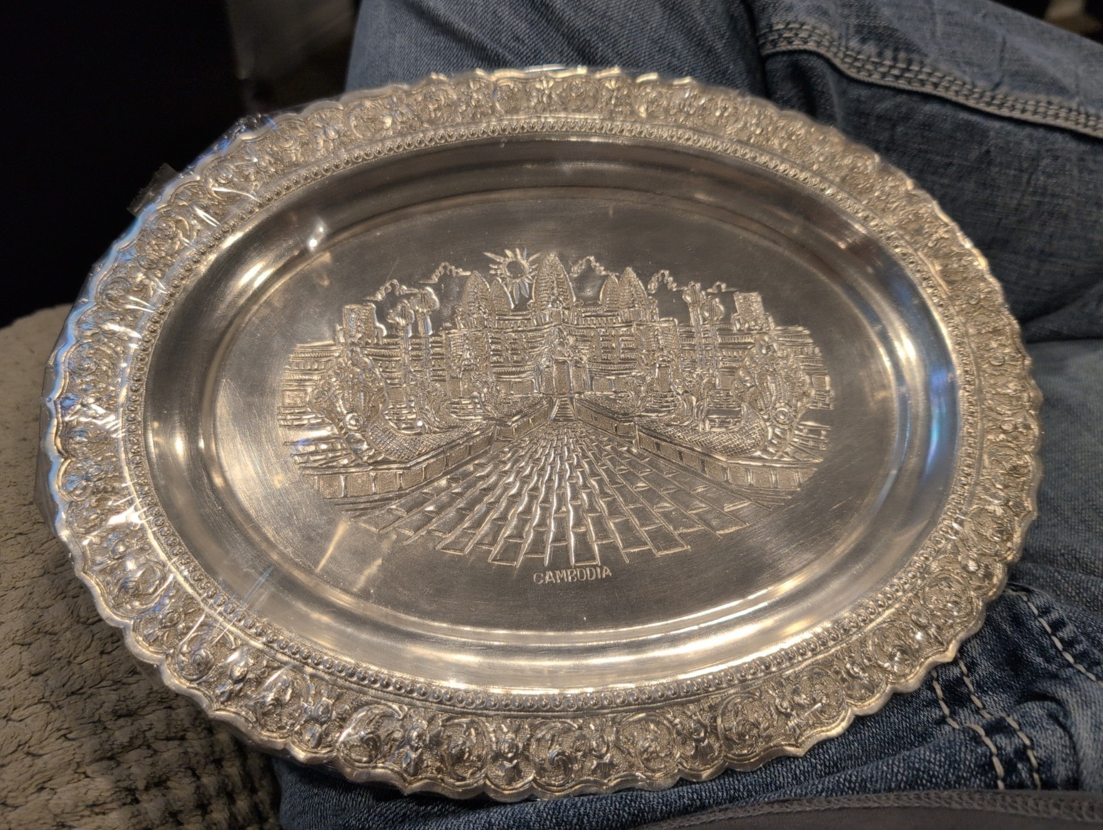 Vintage Cambodian Angkor Wat Silver Plated Wall Tray Khmer Repousse Still Sealed