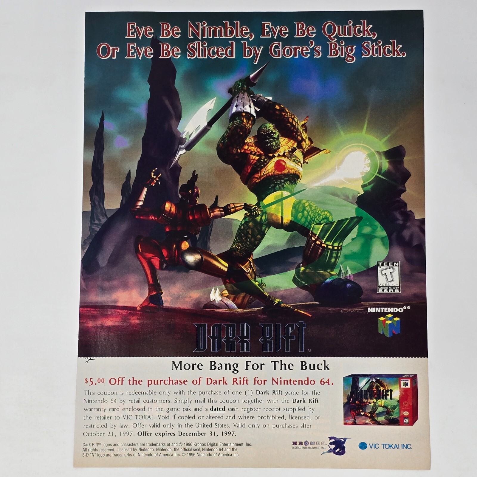 Dark Rift Nintendo 64 N64 More Bang Print Ad/Poster Promo Art