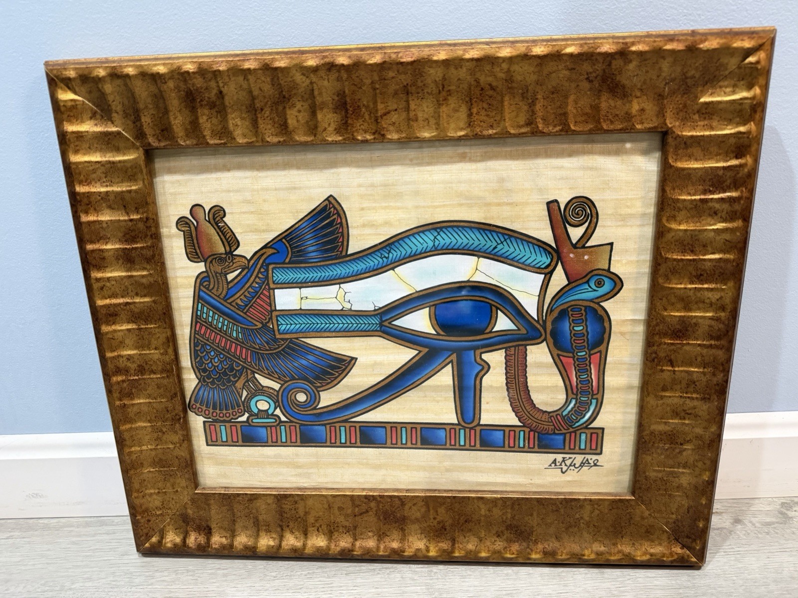 Framed Vintage Egyptian Papyrus Painting Eye of Horus Ra Cobra Signed Art