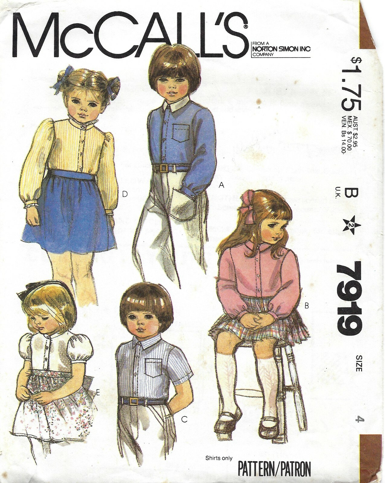 McCall's 7919 Buttoned Shirt w Puff Sleeves, Collar Variations Sz 4 CUT COMPLETE