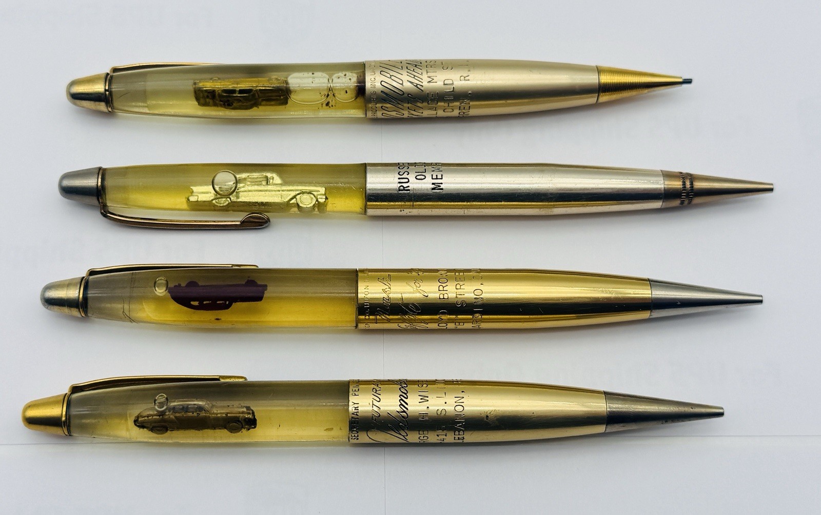 4 Vintage Gold Automobilia “floaty” Mech Pens/pencils Oldsmobile, Nash Very Rare