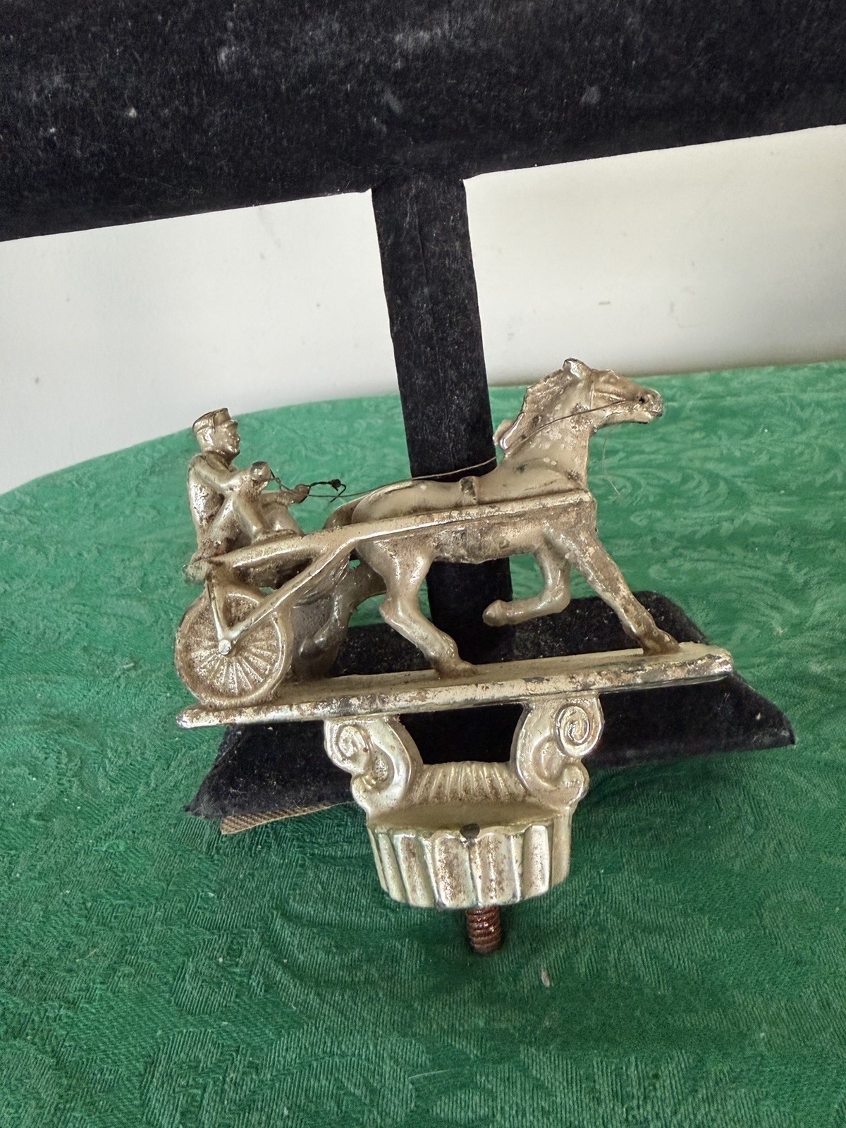 Vintage Hood Ornament Trophy Topper Jockey Cart Sulky Horse Races 