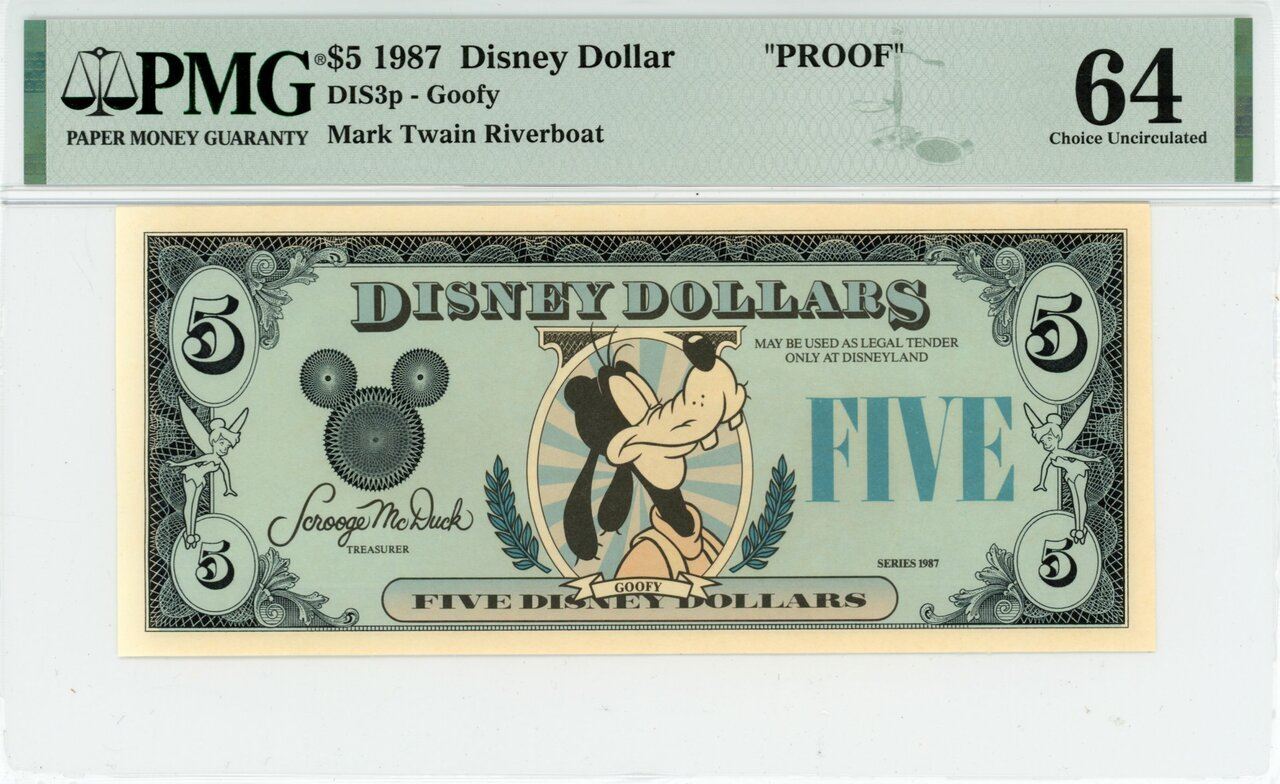 1987 $5 Disney Dollar Goofy PMG 64 CU PROOF (DIS3p)