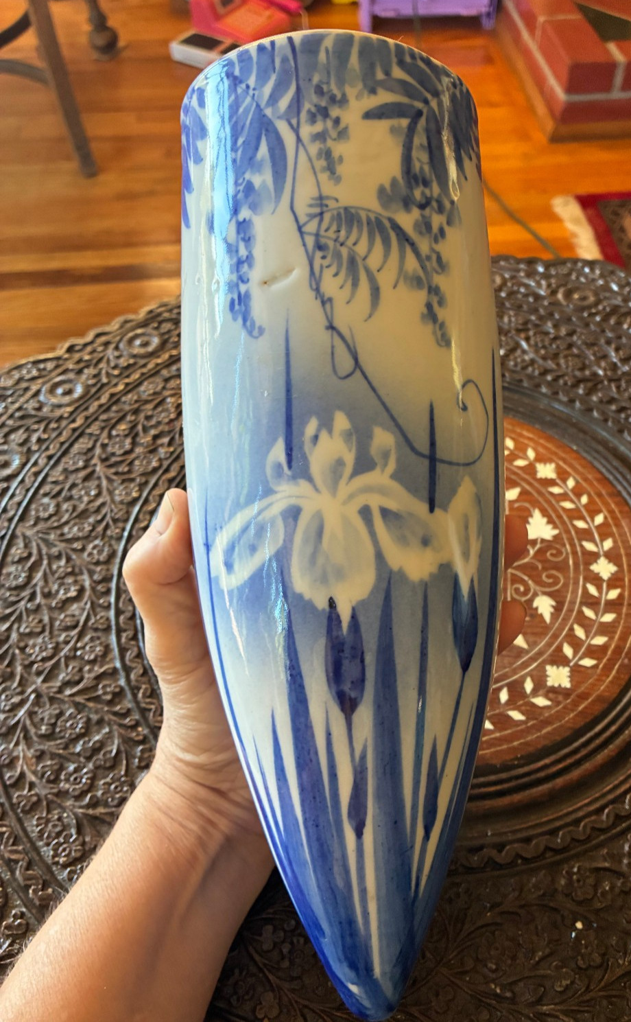VTG Japanese Fukagawa Porcelain 12” Wall Pocket Vase Hand Painted Iris & Vines