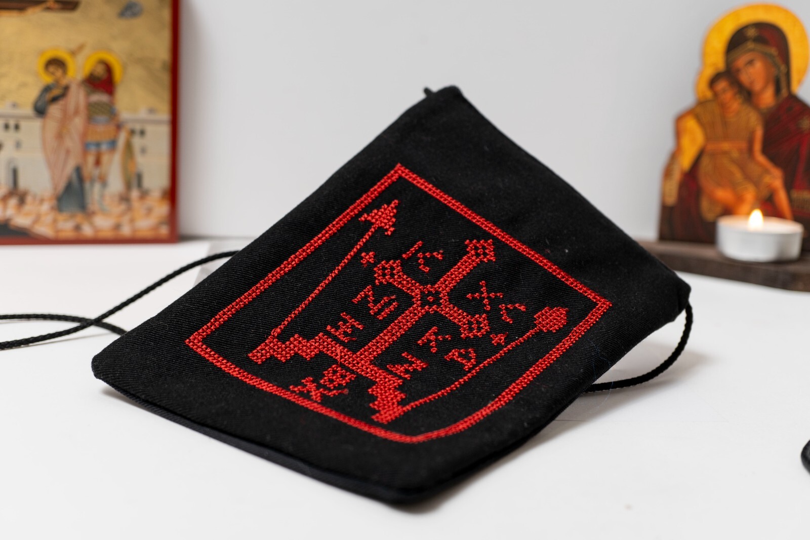 Monastic Orthodox Christian Embroidered Neck Pouch Bag with ICXC NIKA Symbol.
