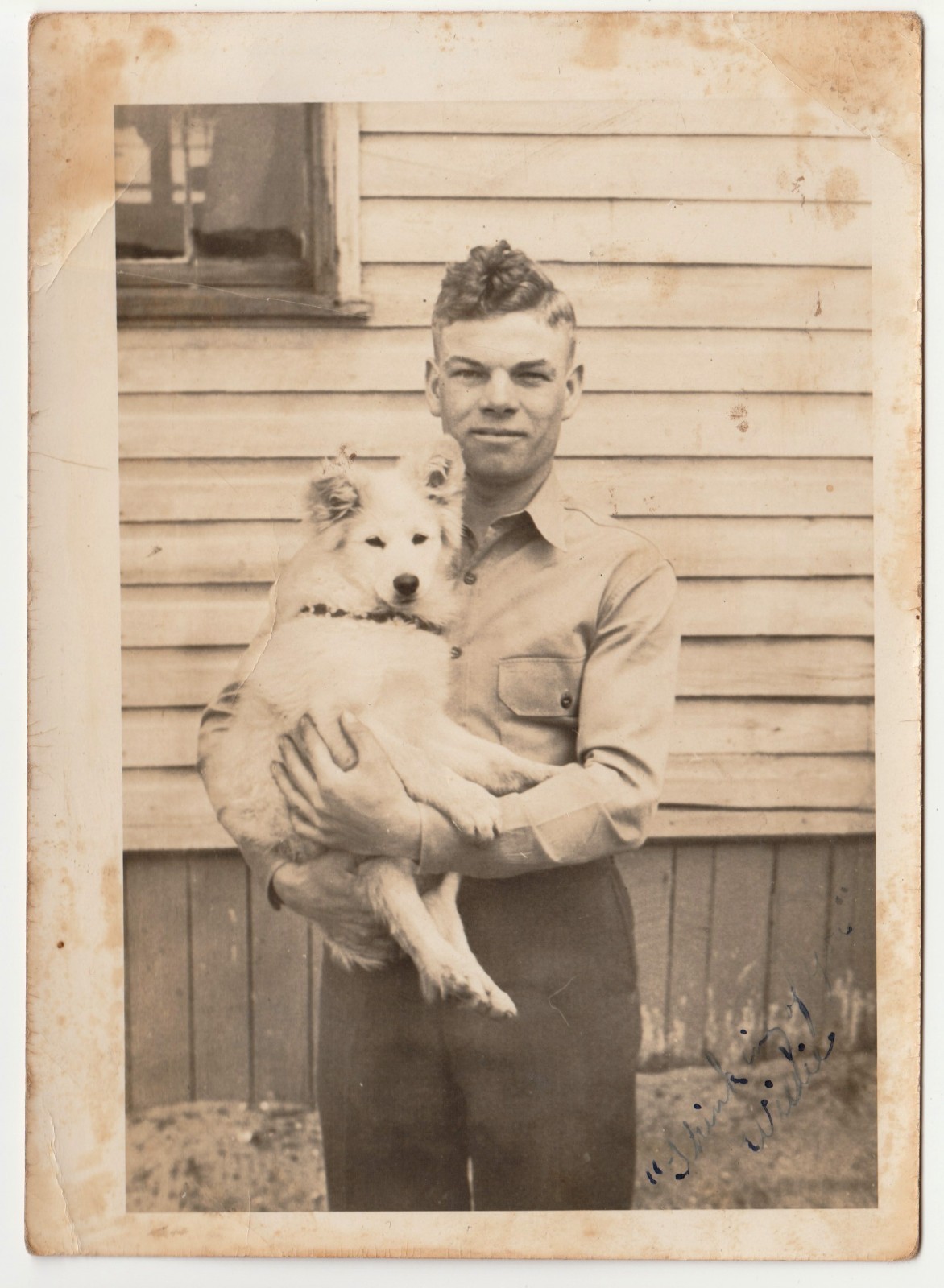 c1940s WWII Soldier Holding White Dog Sweetheart Inscribed Vintage Photo
