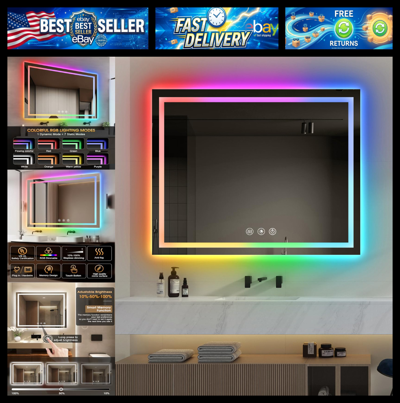 oneup 48x40 Inch LED Bathroom Mirror,RGB Color Changing Bathroom Mirror with Lig