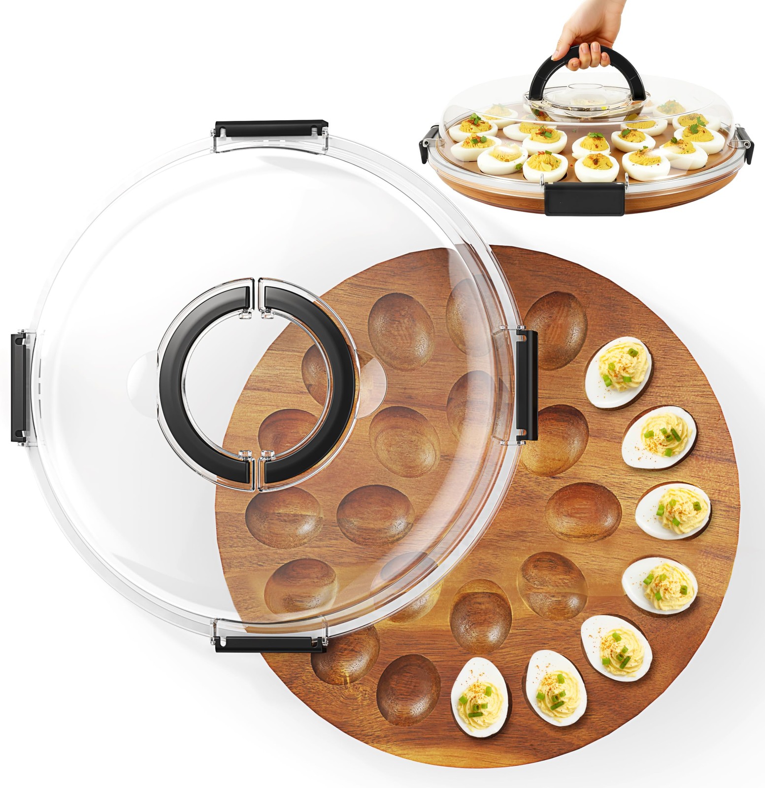 Deviled Egg Containers with Lid, 2026 Upgraded Wooden Deviled Egg Tray Platte...