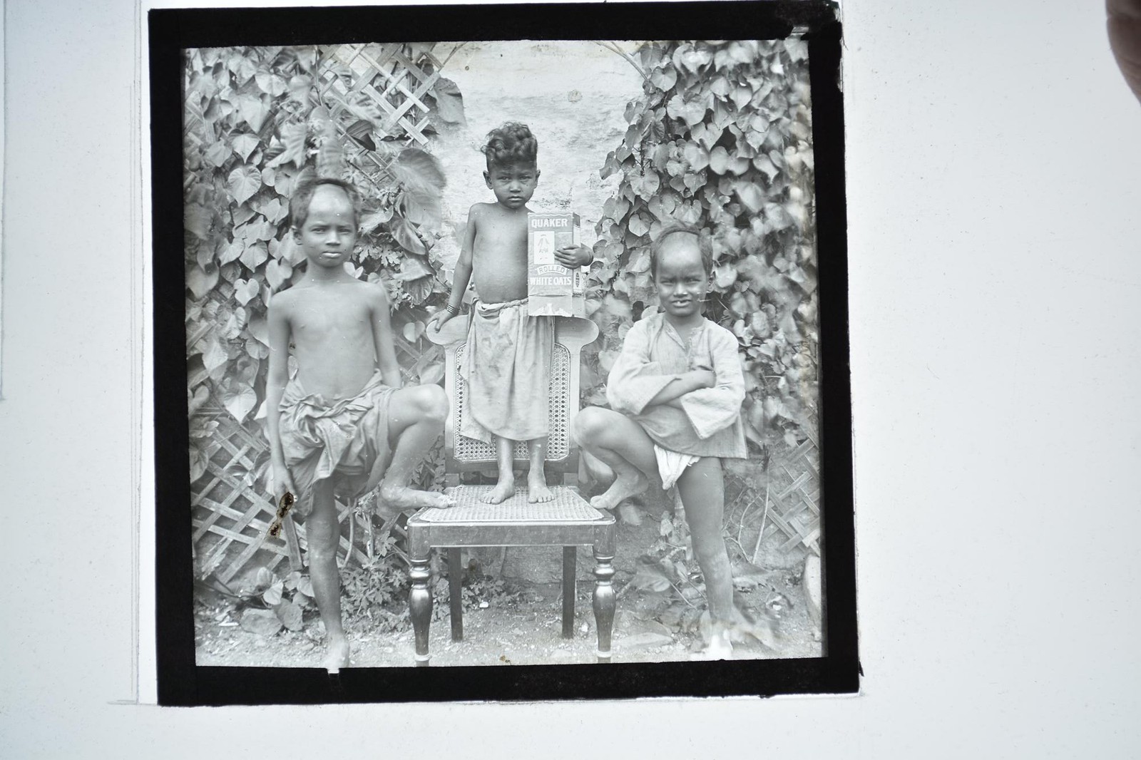 3 Boys Quaker Oats Box Chair India Magic Lantern Slide c1900s