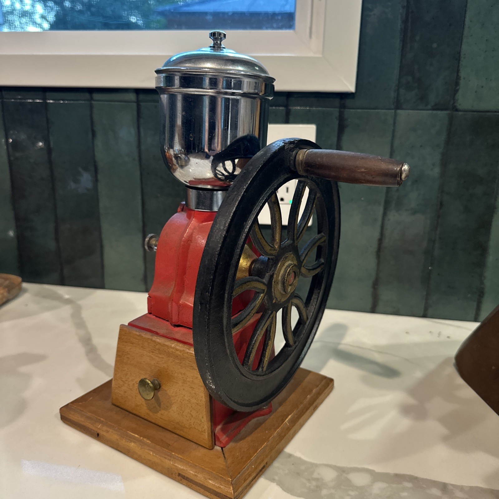 Vintage Cast Iron Coffee Grinder with Manual Wheel Crank Heavy 12inches Tall
