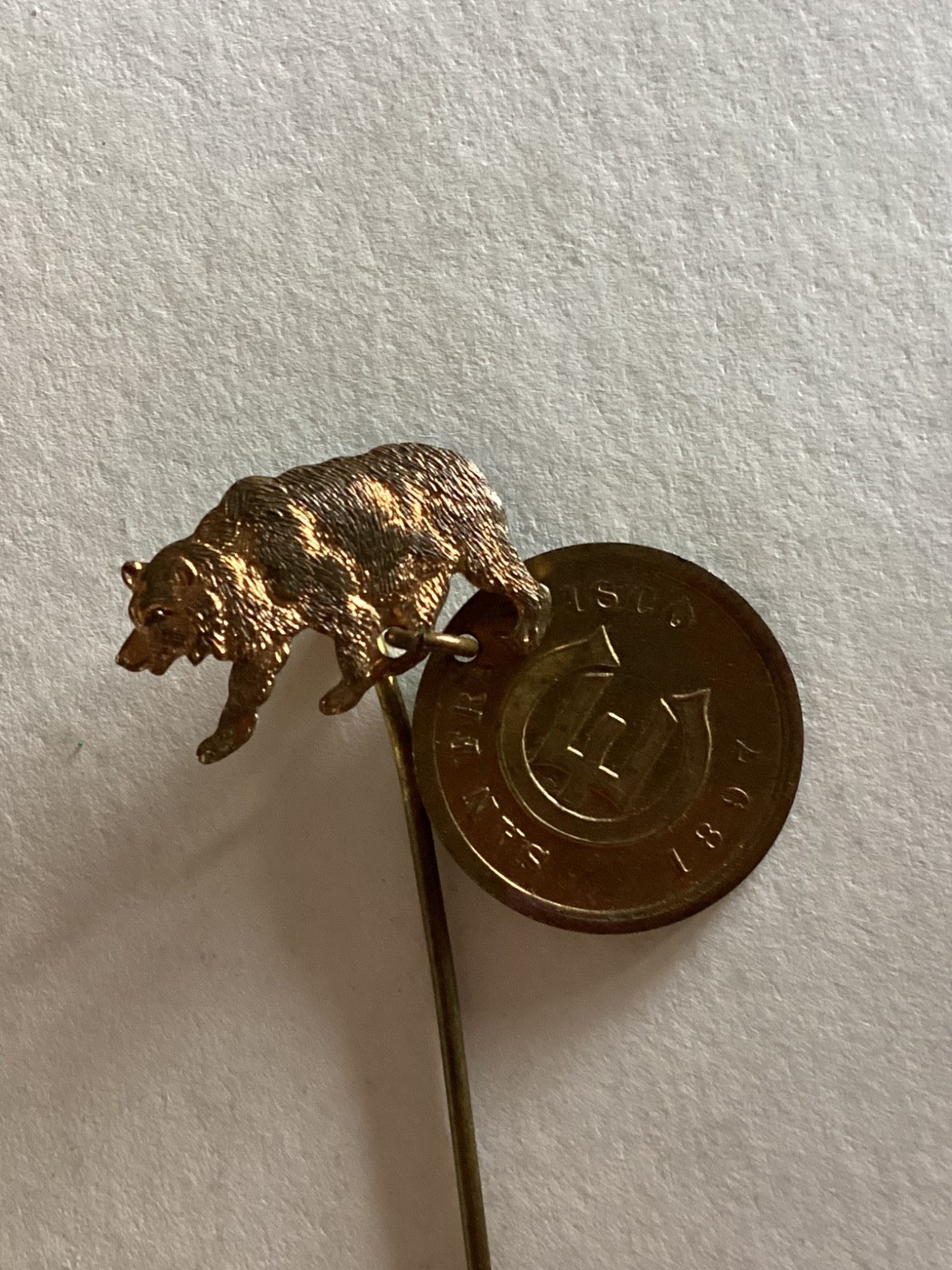 1897 San Francisco CE -  Carmel Mission Stick Pin with Medal and Bear