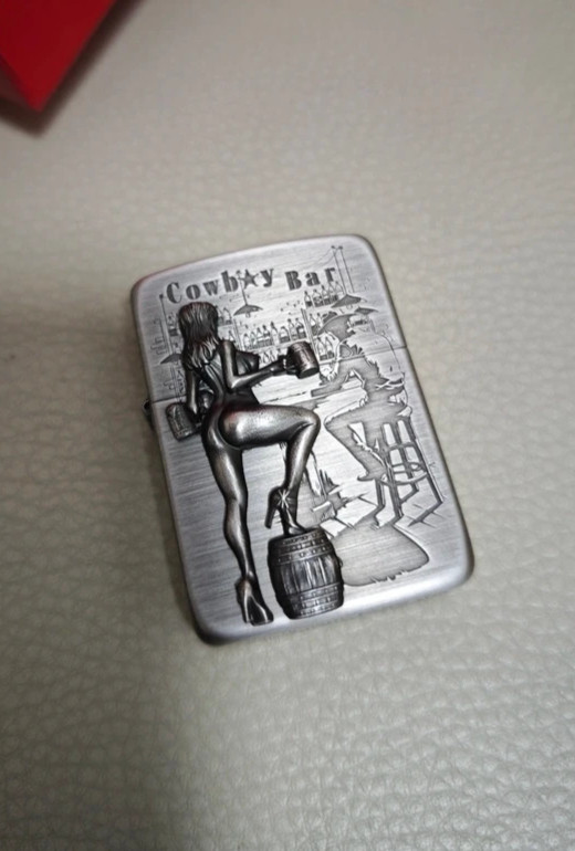 Cowboy Bar Girl Metal Emblem Brushed Silver Zippo 1941 Gift For Men
