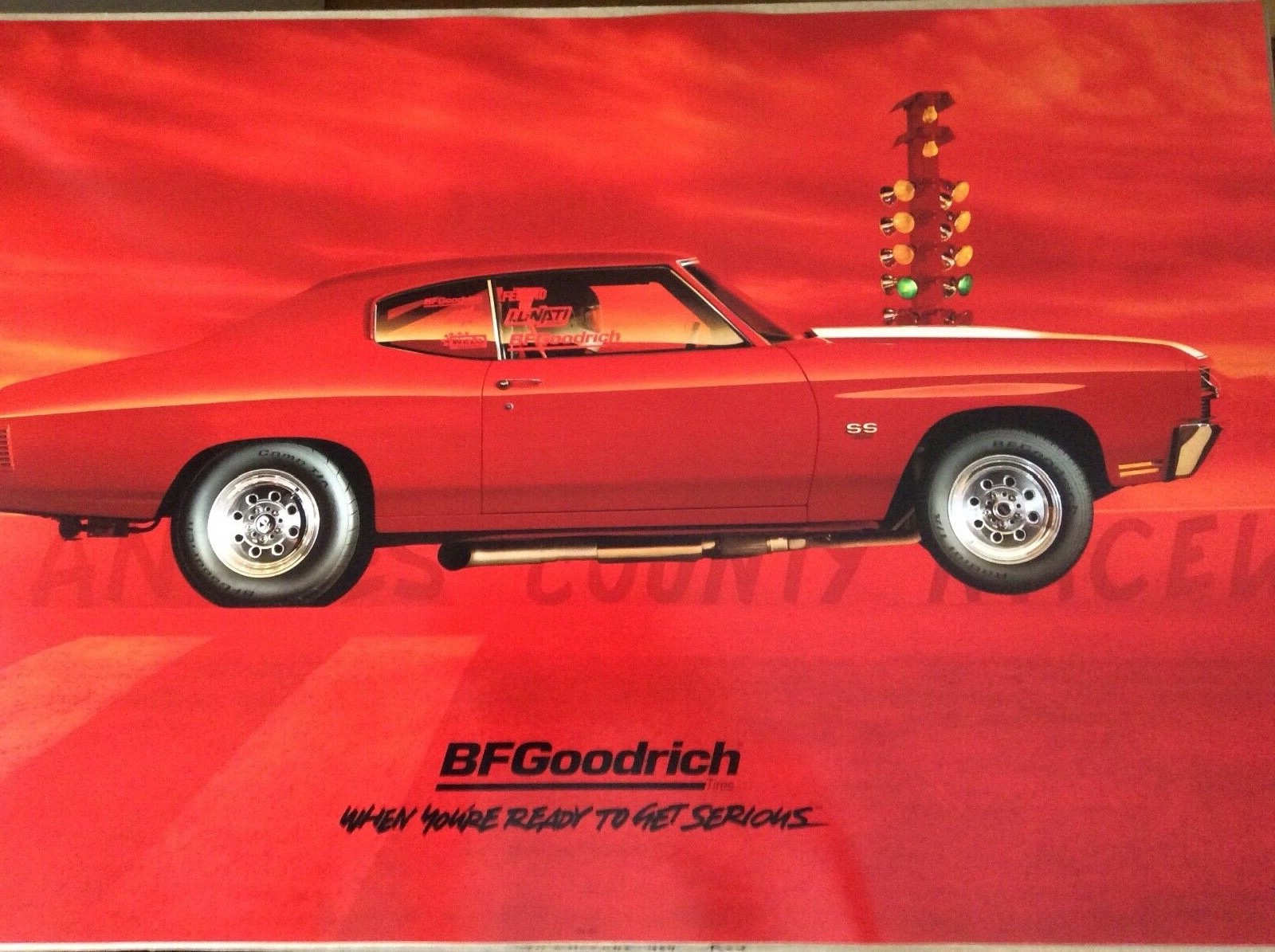 ORIGINAL BF GOODRICH POSTER SIGN 1970 RED CHEVROLET CHEVELLE  