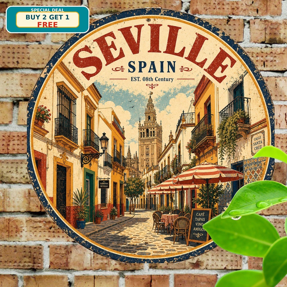 Seville Spain Street Scene Round Tin Sign Colorful European Wall Decor