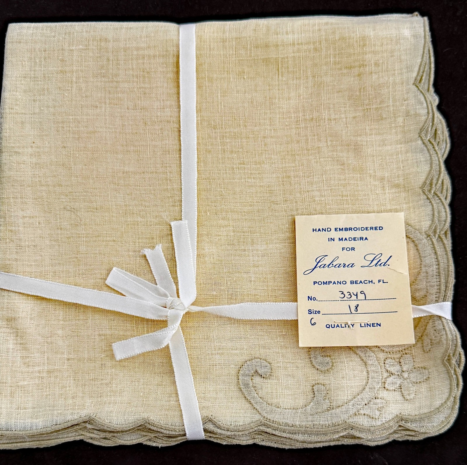 Vintage Madeira Hand Embroidered Ecru Linen Napkins Dead Stock - Set of 6	 B235