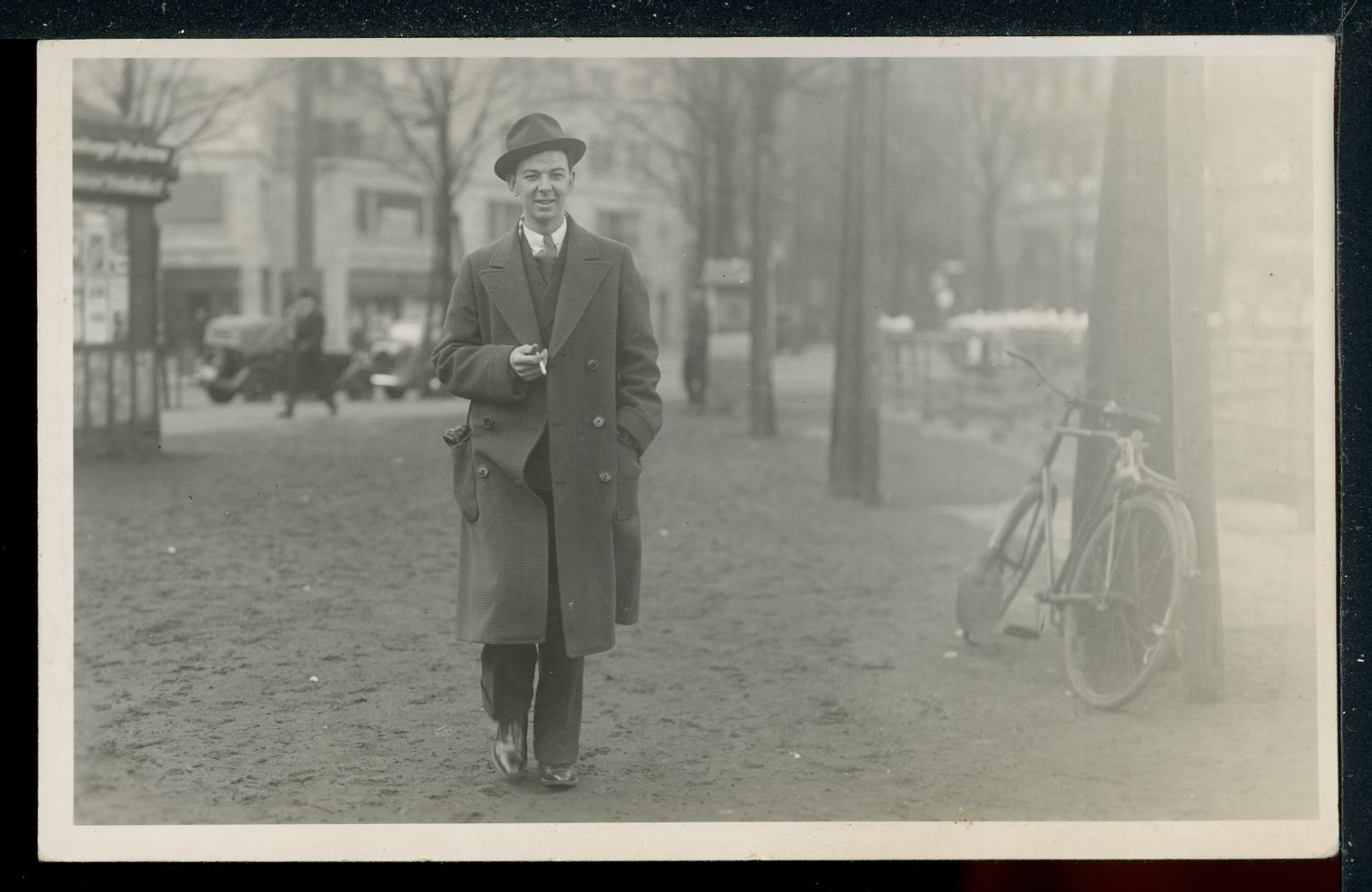 ca.1930's RPPC OOAK Man Standing with Cigarette Overcoat Dapper Postcard M1656