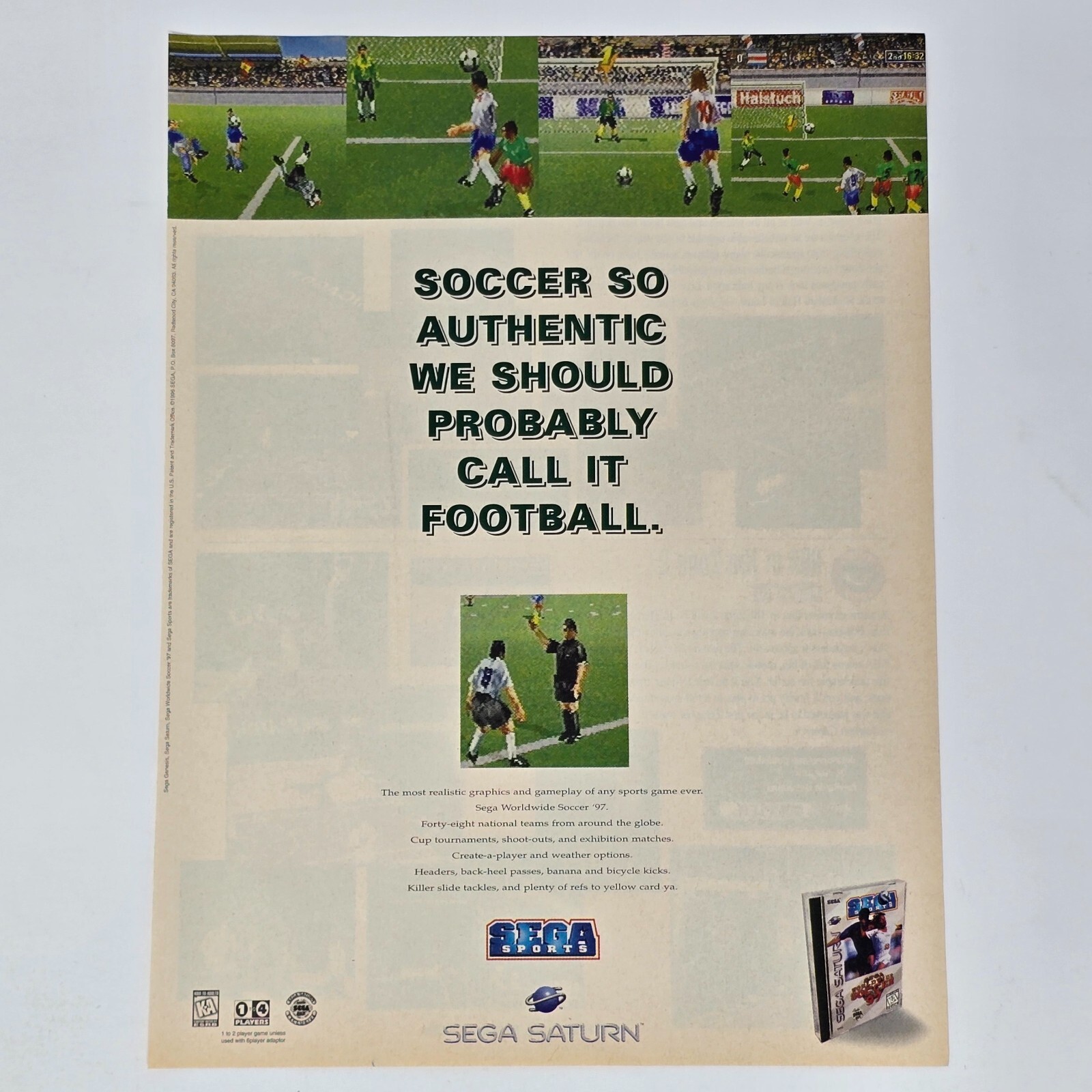 Sega Worldwide Soccer 97 Saturn Football Print Ad/Poster Promo Art