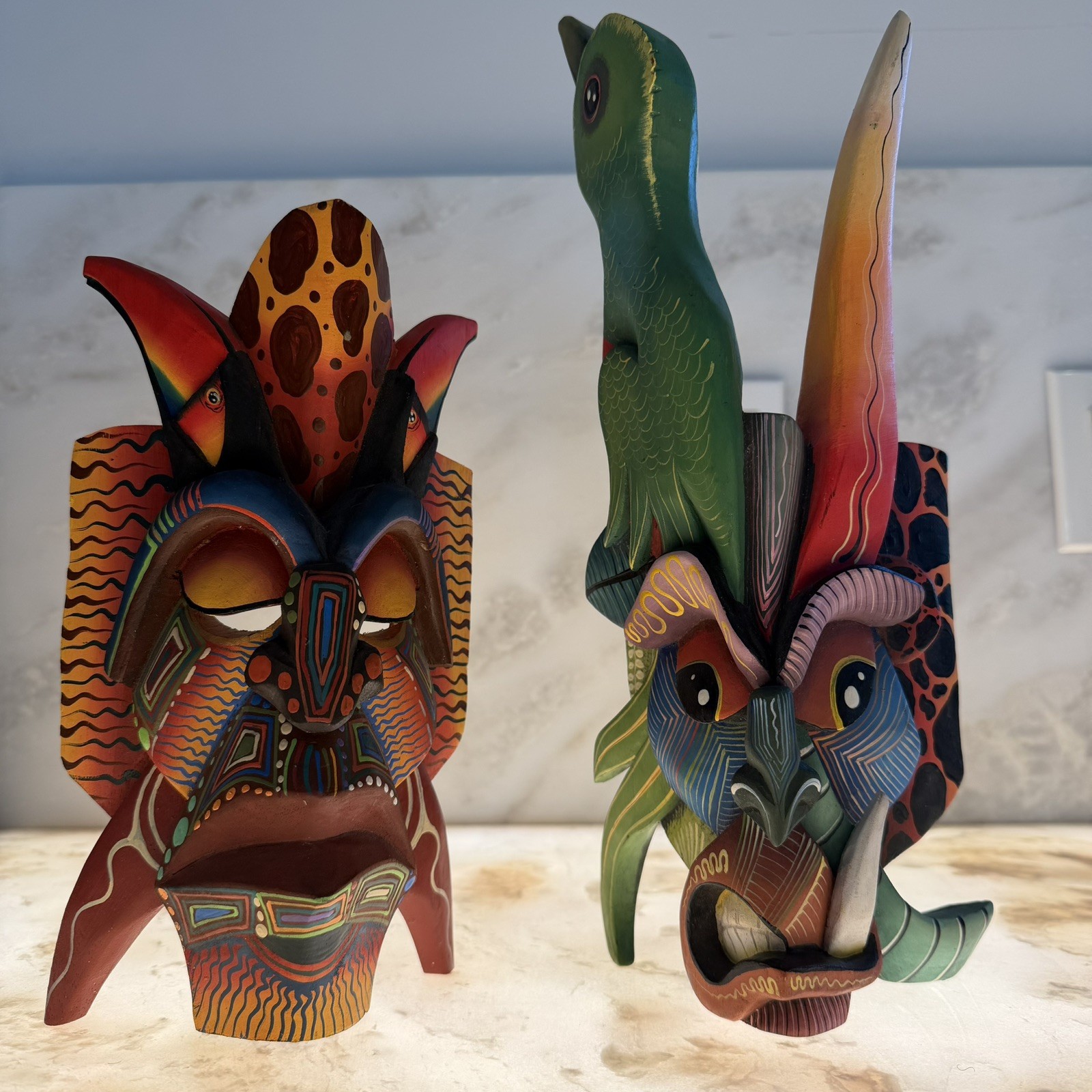 Pair of Boruca Masks Costa Rica Indigenous Tribal Warrior Masks Birds 