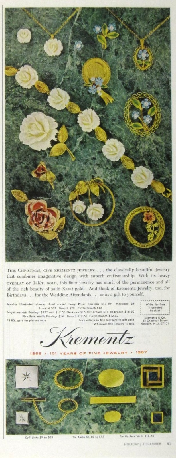 Print Ad Krementz Fine Jewelry 14Kt Gold 1967 Holiday Christmas Gift Ideas