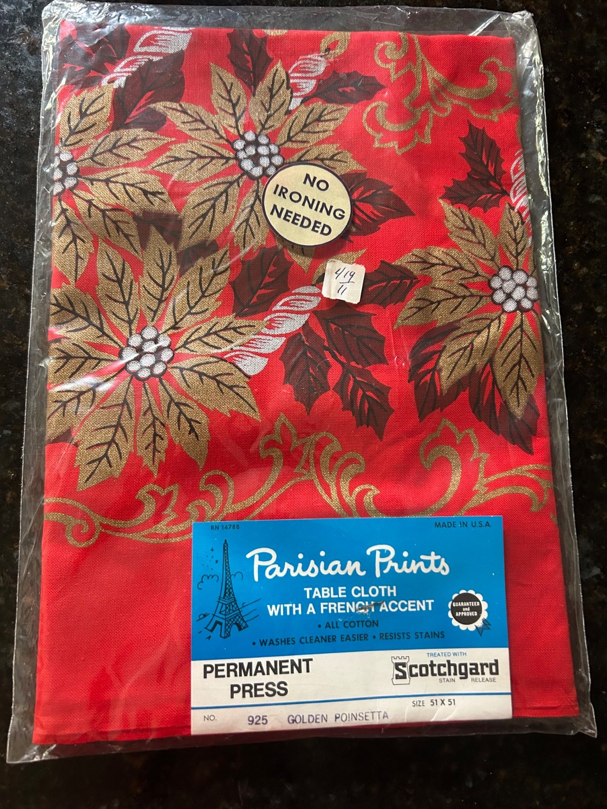 Vintage Christmas Tablecloth Golden Poinsettia  51 X 51