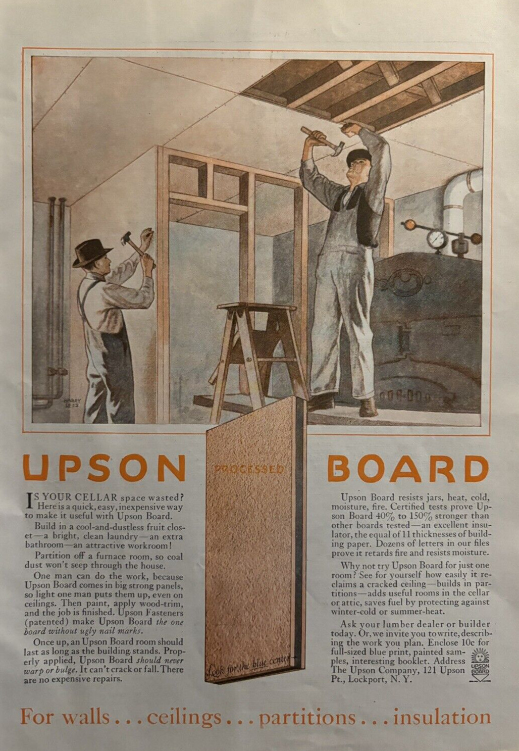 1927 Upson Board For Walls Ceilings Partitions Insulation Lockport NY VTG Ad