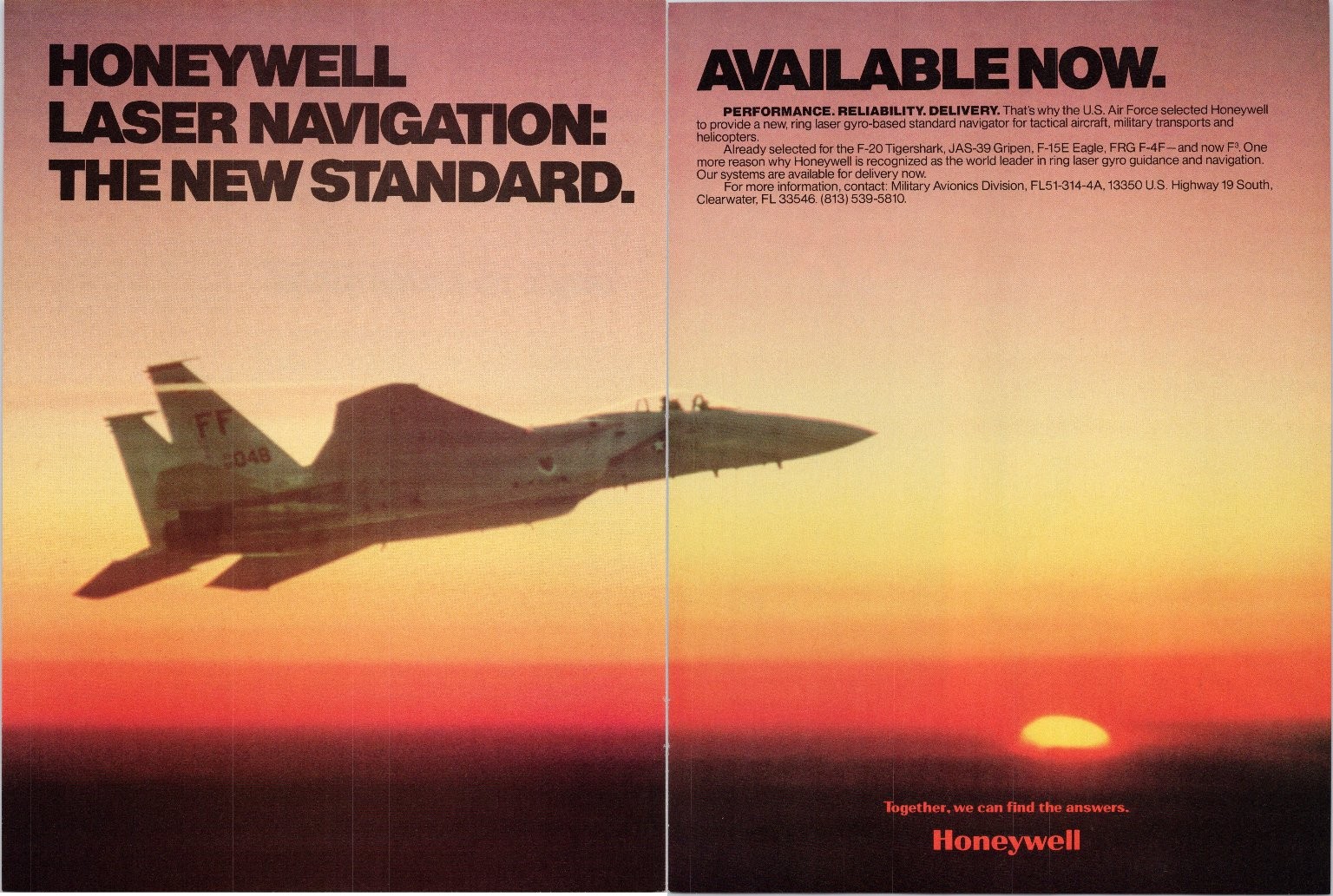 Honeywell 1985 Laser Navigation 2 Page Print Ad F-15E Eagle Sunset Art
