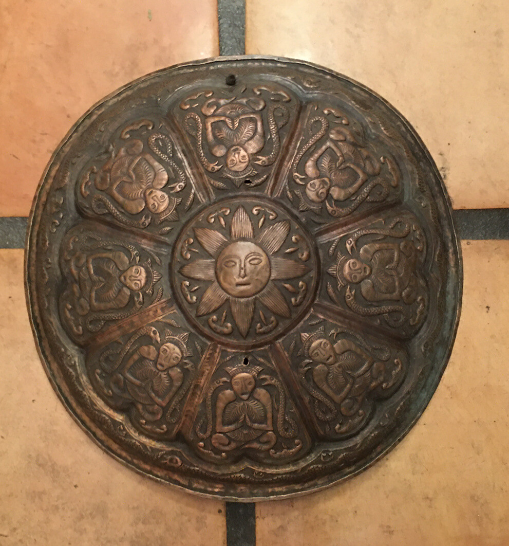 Rare 19Th Century Tibetan/Nepalese, Relief Symbols Embossed Copper Shield