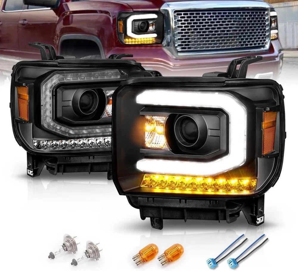 for 2014-2019 GMC Sierra 1500 2500HD 3500HD [LED DRL Type] Black LED Tube Projec