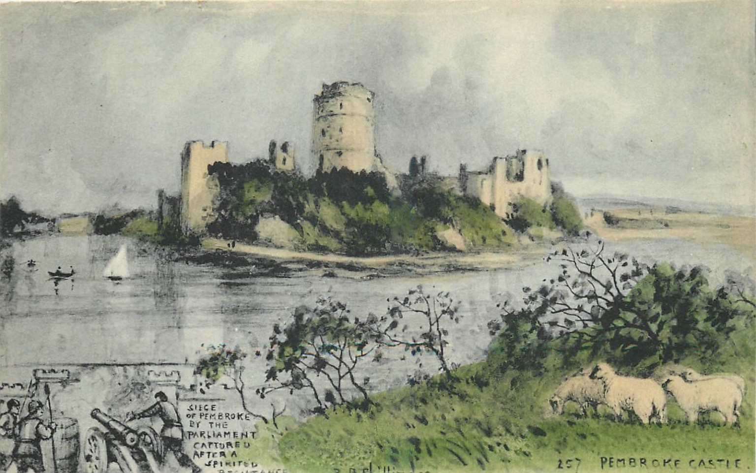 Pembroke Castle Siege Postcard Phillimore Hand colored Art British History