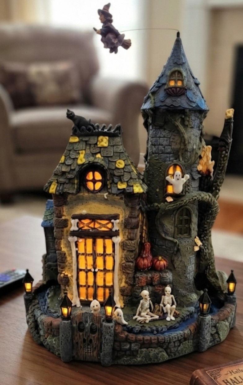Lighted Resin Haunted House Halloween Village Display w/ Witch Ghost, Box