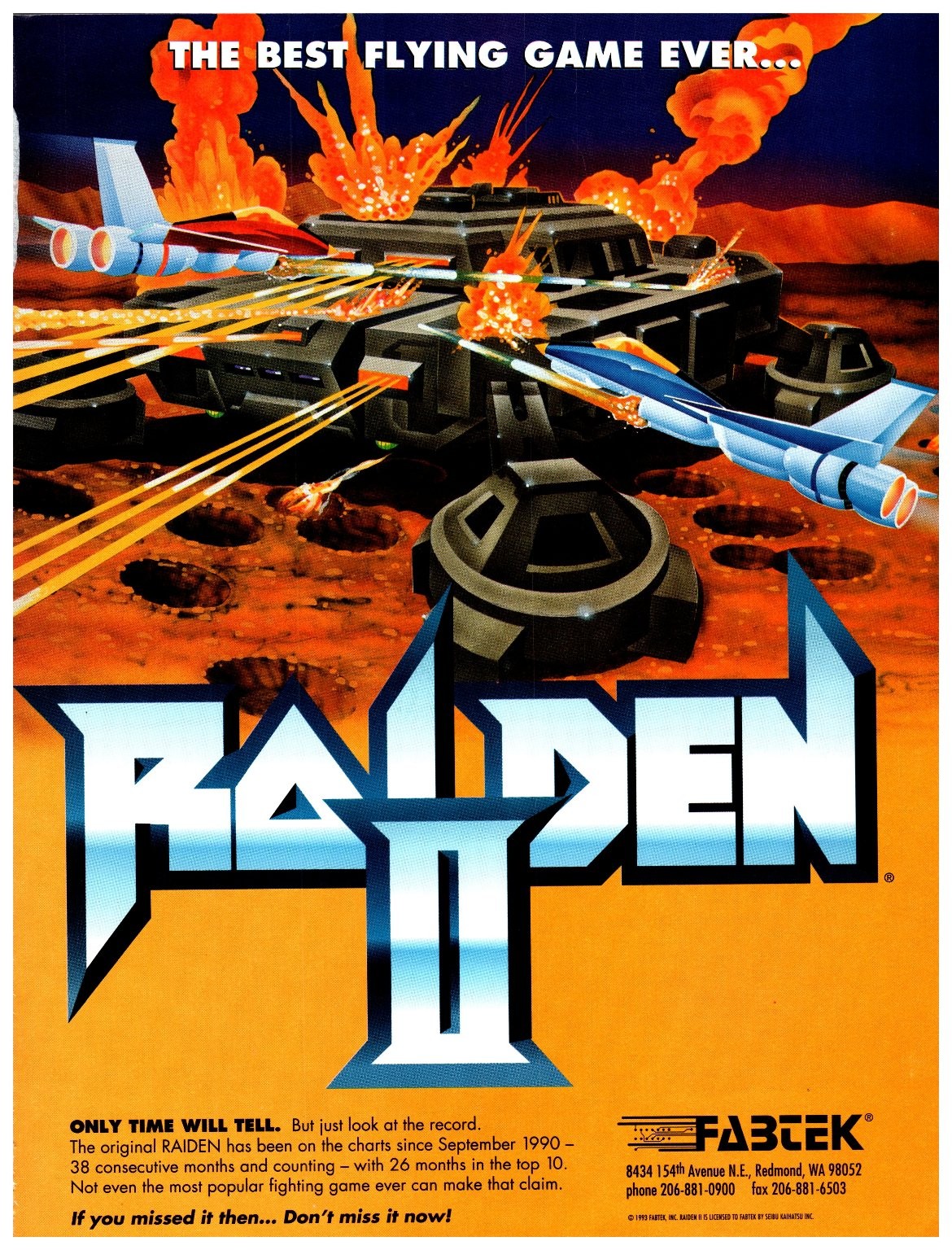 Raiden II Arcade Game Flyer Brochure Fabtek 1993 Original Advertising