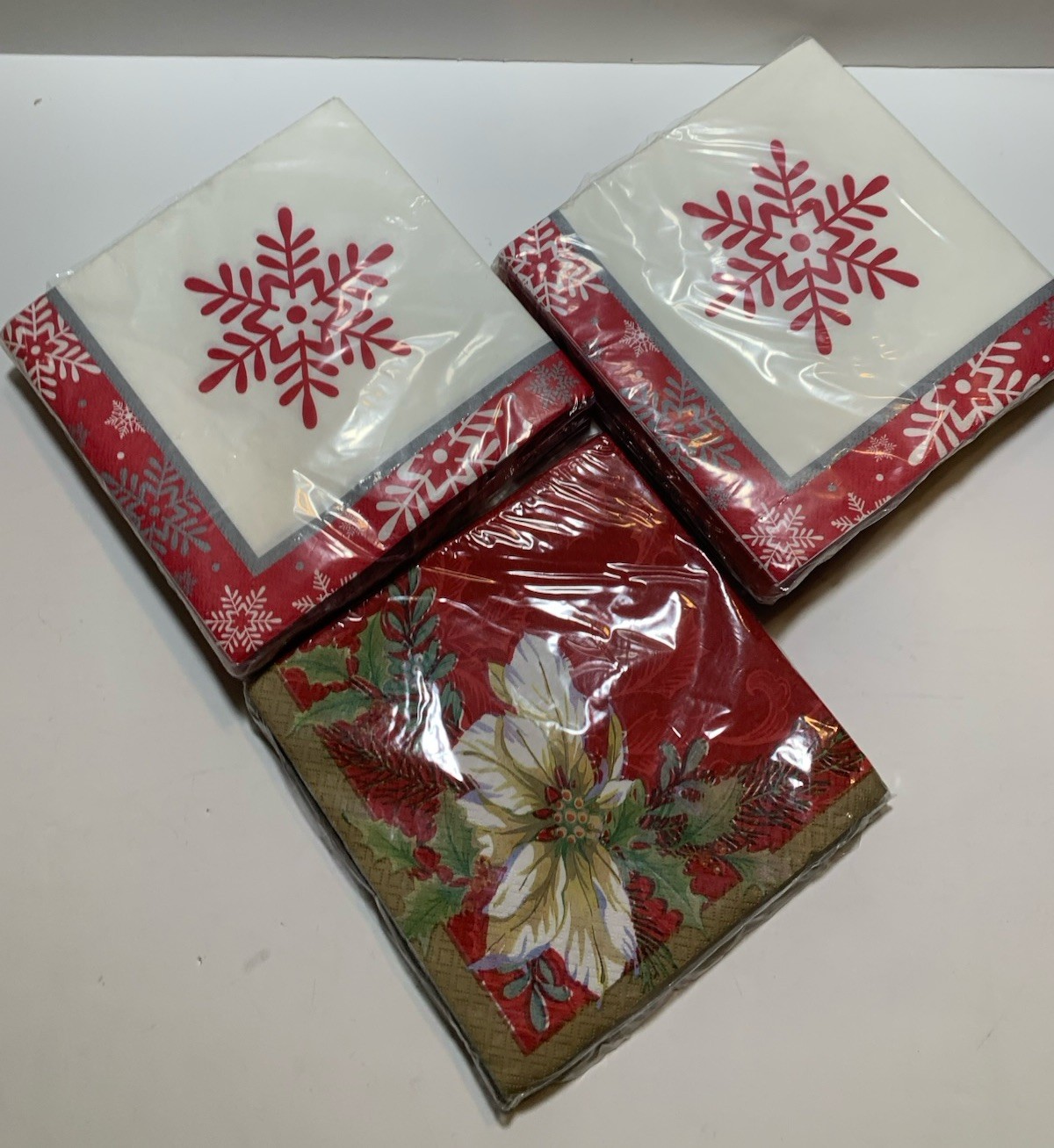 Lot 3 Napkins Packs Christmas Snowflake Poinsettia Holly Crafting Decoupage Red