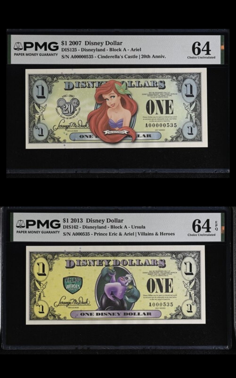 Disney Dollars Ariel Ursula Matching Low Serial #535 PMG 64 Rare Pair