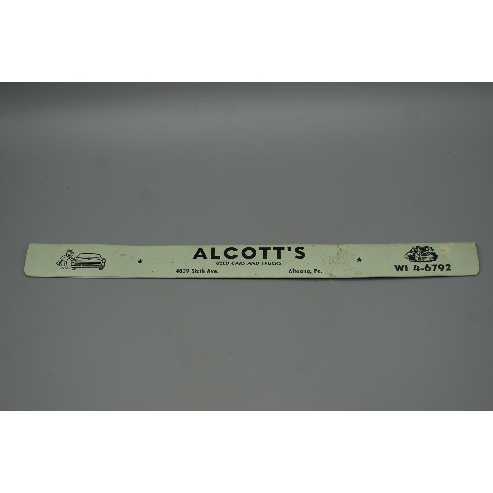 Vintage Altoona PA Advertising Sign Strip Alcott\'s Used Cars Rite-Way TV 11 Inch