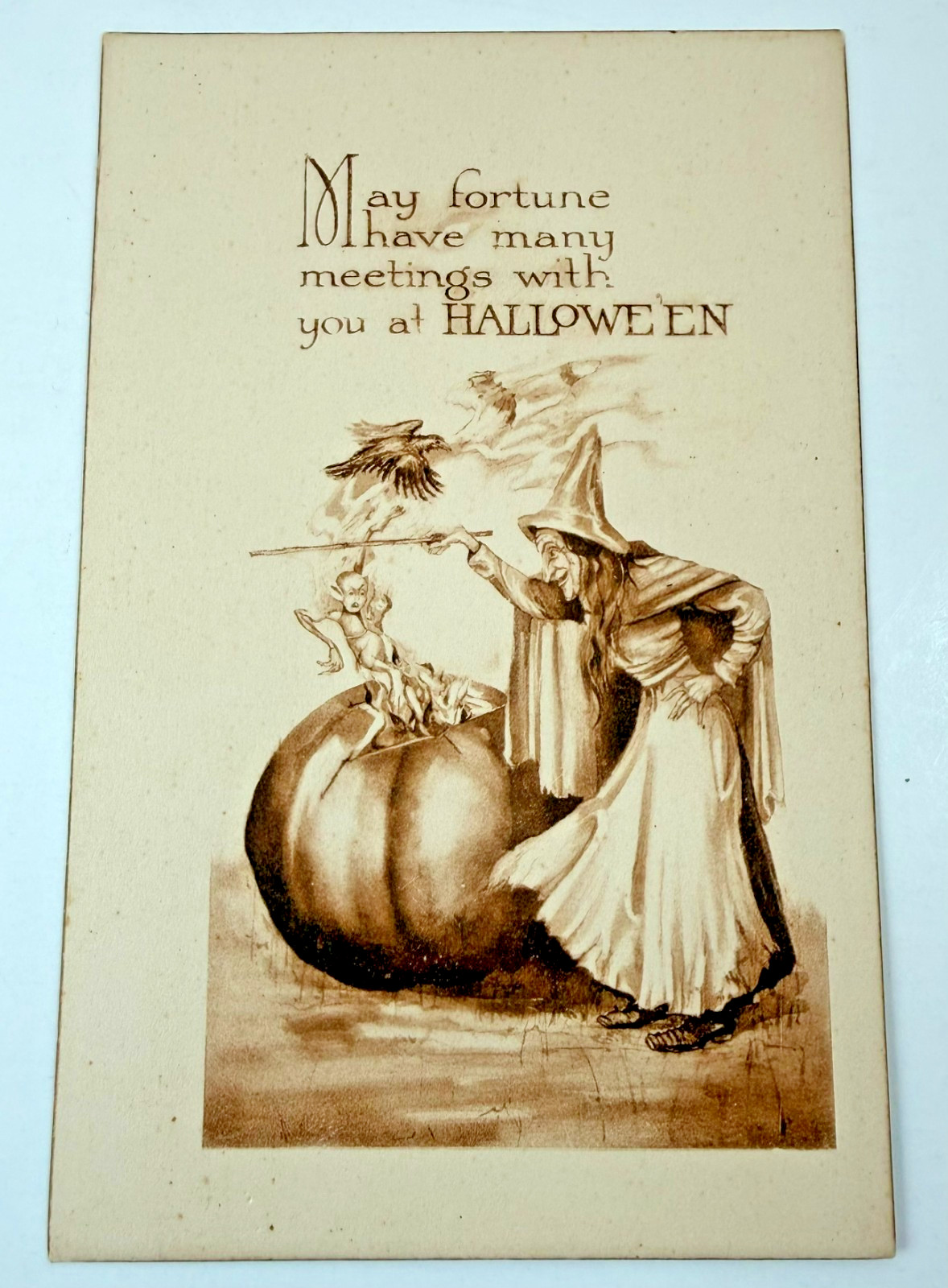 VINTAGE UNUSED 1900s Halloween Postcard Gibson Art MAY FORTUNE HAVE Witch Demon