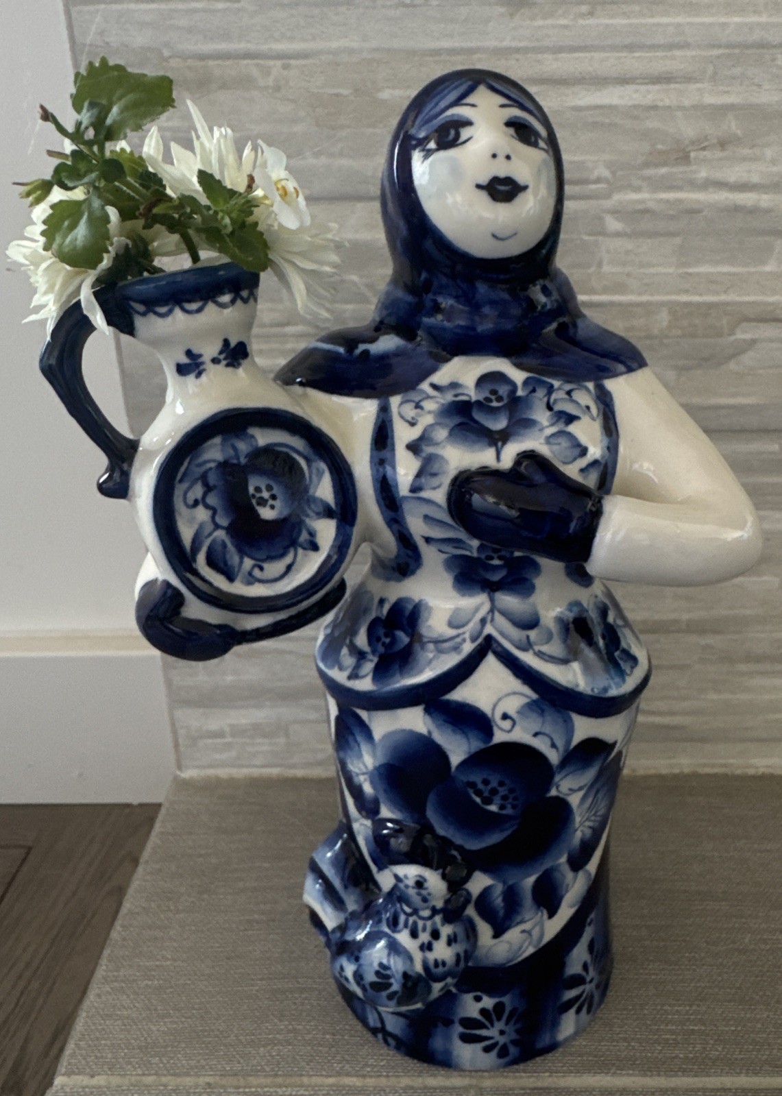 Russian Blue White Porcelain Gzhel Figurine Vase Handmade Handpainted 10” Signed