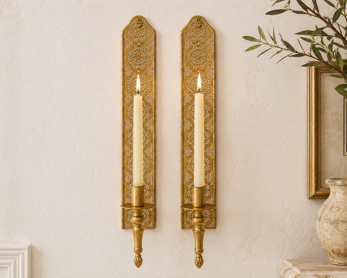 Pair Of VTG Antique Gold Metal Taper Candle Wall Sconces Hollywood Regency 21”