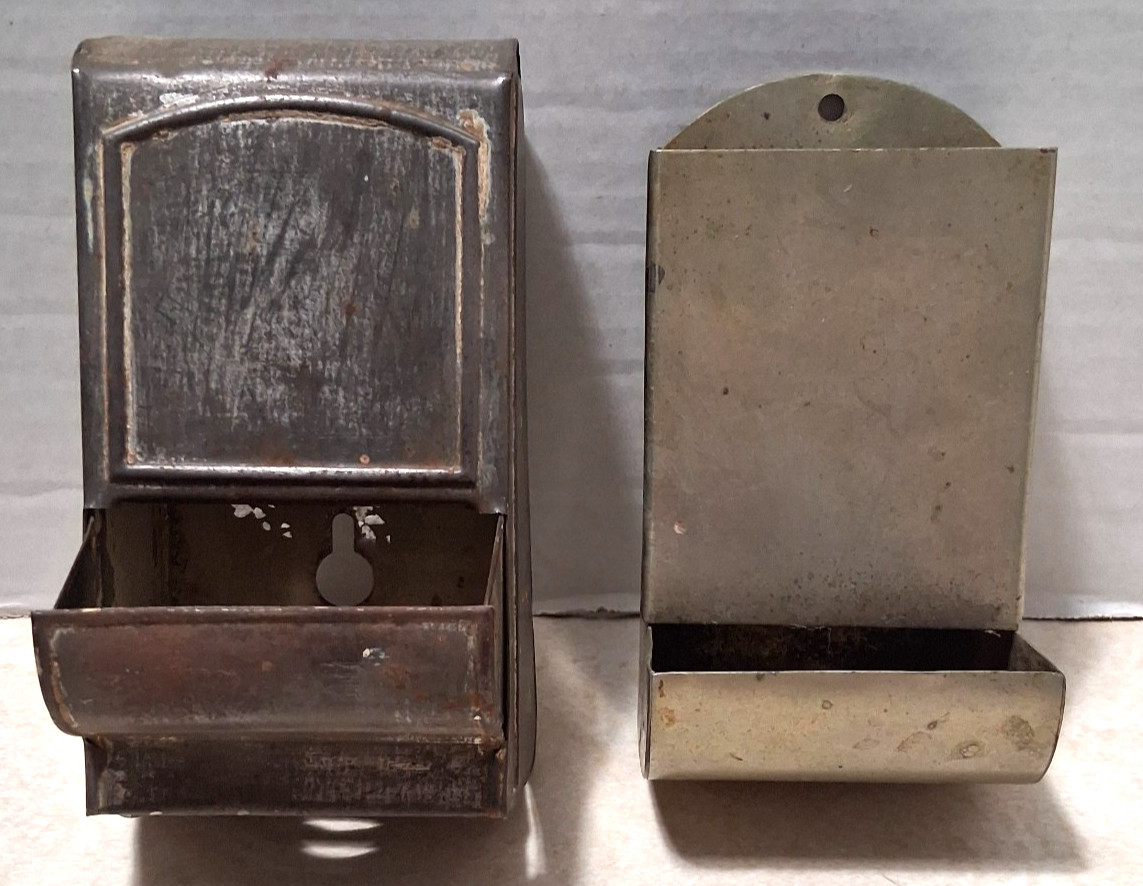 Vintage - Metal Matchstick Holder - SET of 2 - Wall Mount - Bare Metal