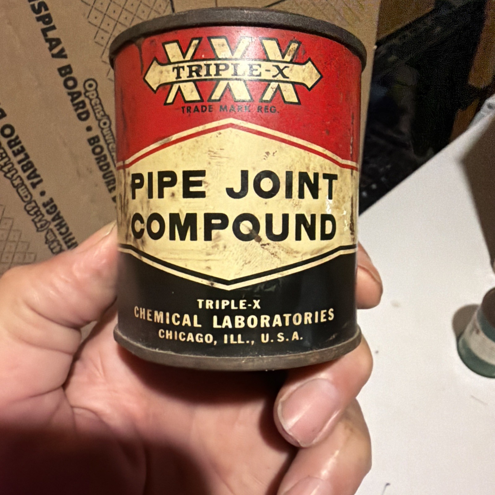 Vintage TRIPLE-X Chemical laboratories xxx tin can Pipe Joint Compound 1/2 pint